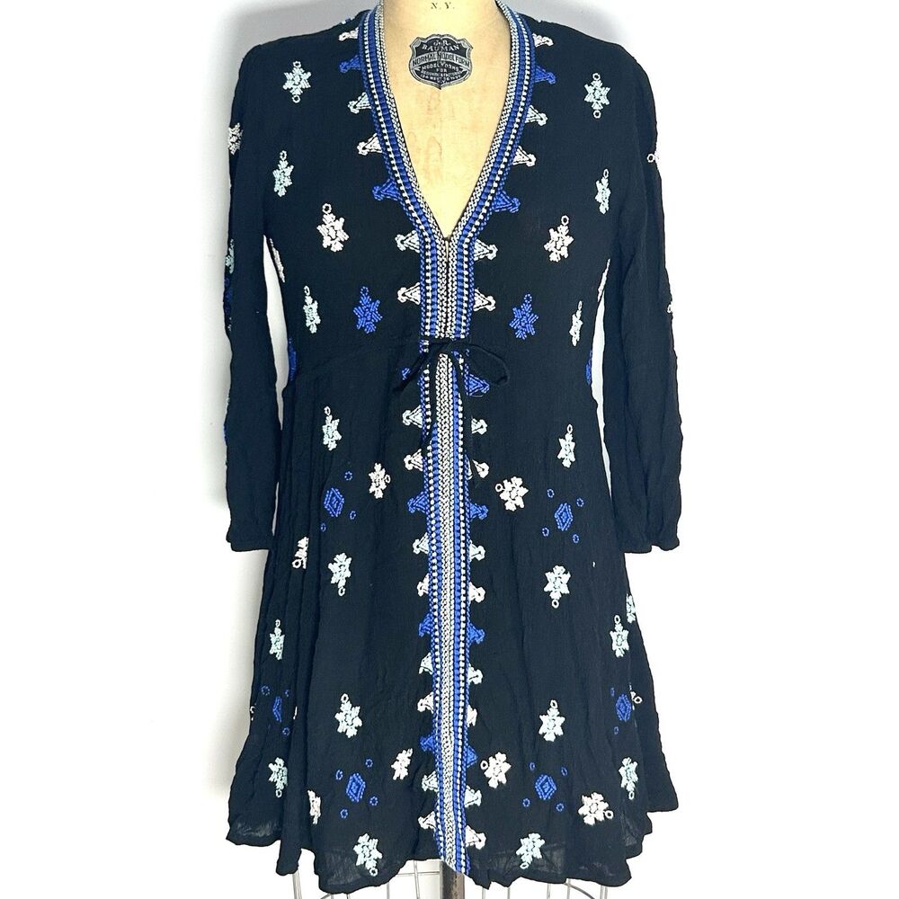 Free People Embroidered Boho Peasant Mini Dress Tie Waist Black S